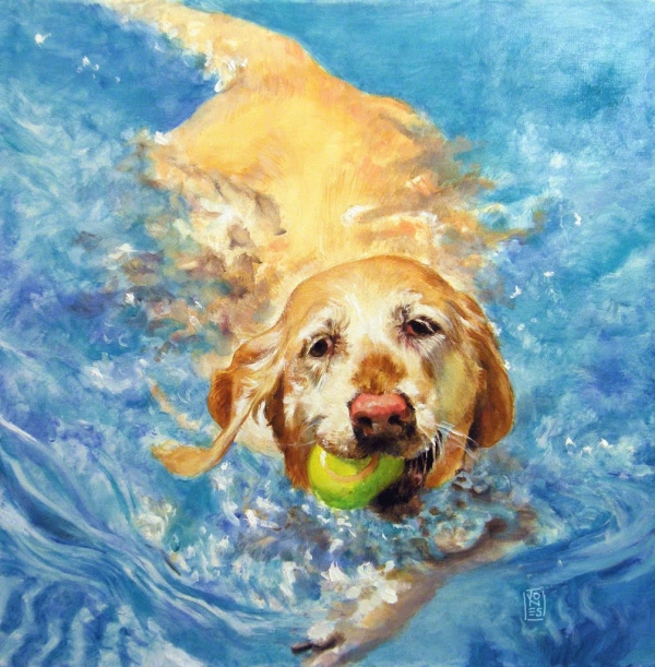 Summer-dog-painting-golden-retriever-swimming-by-debra-jones