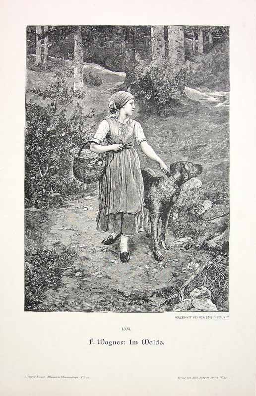 Girl-in-forest-with-basket-of-mushrooms-and-dog-vintage-print